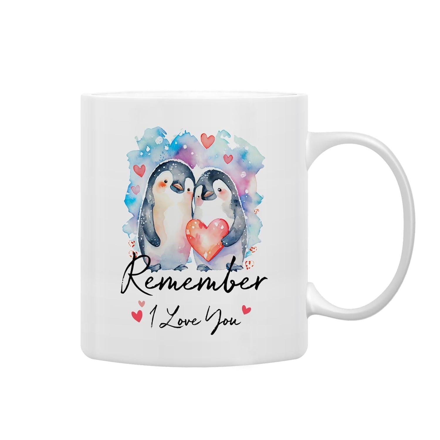Tailorly White Ceramic 11 oz Mug - Remember I Love You Cuddling Under Soft Watercolor Splashes Holding A Warm Red Heart Penguin