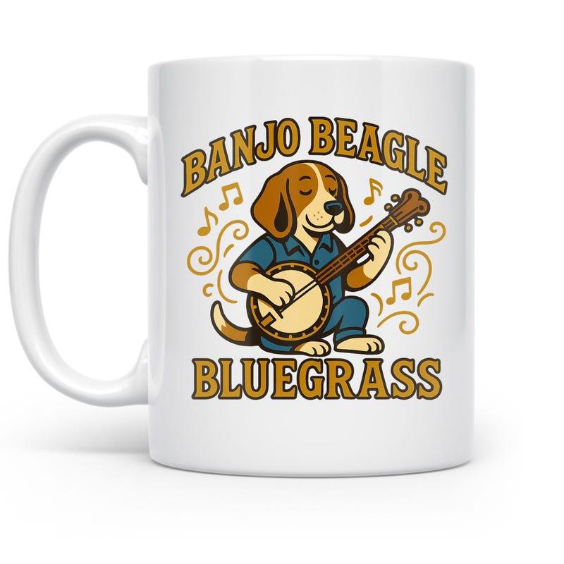 Tailorly White Ceramic 11 oz Mug - Banjo Beagle Bluegrass Happy Cartoon Dog Playing Music Among Whimsical Golden Notes Beagle