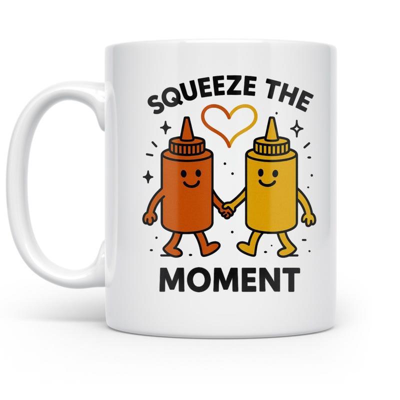 Tailorly White Ceramic 11 oz Mug - Squeeze The Moment Cute Cartoon Ketchup And Mustard Bottles Holding Hands Under Glowing Heart Sauce Bottles