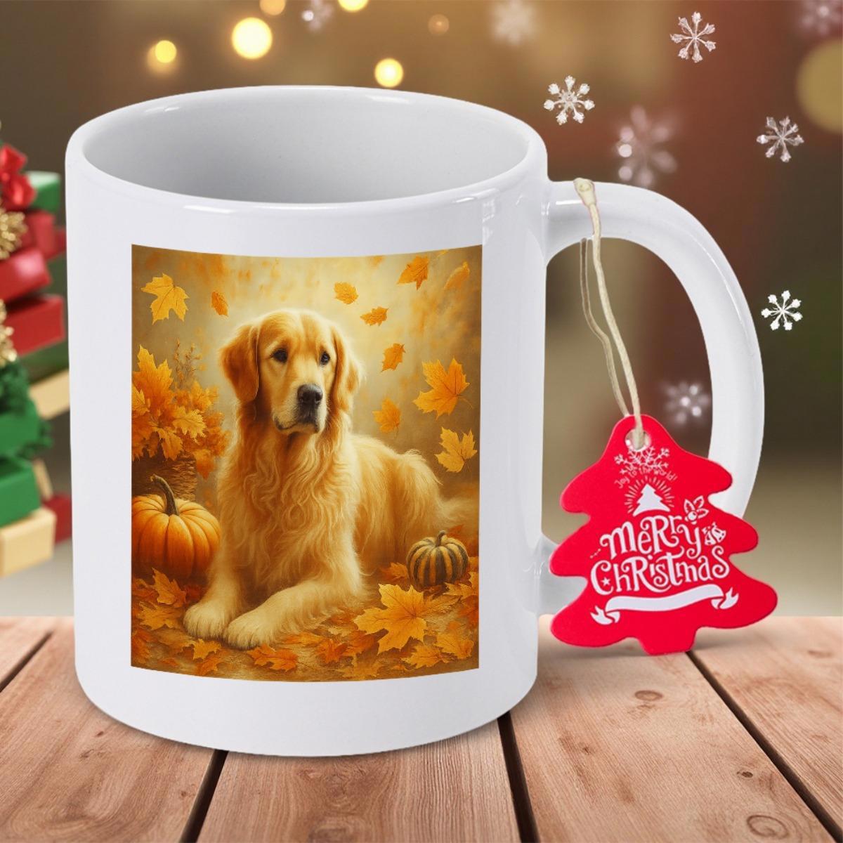 Tailorly White Ceramic 11 oz Mug - Merry Christmas Majestic Golden Retriever Resting Among Golden Autumn Leaves And Seasonal Pumpkins Dog
