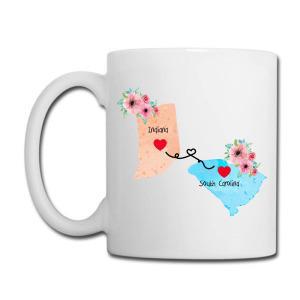 Tailorly White Ceramic 11 oz Mug - Indiana South Carolina Delicate Watercolor Flowers And Map Outlines Joined By Tiny Hearts Map
