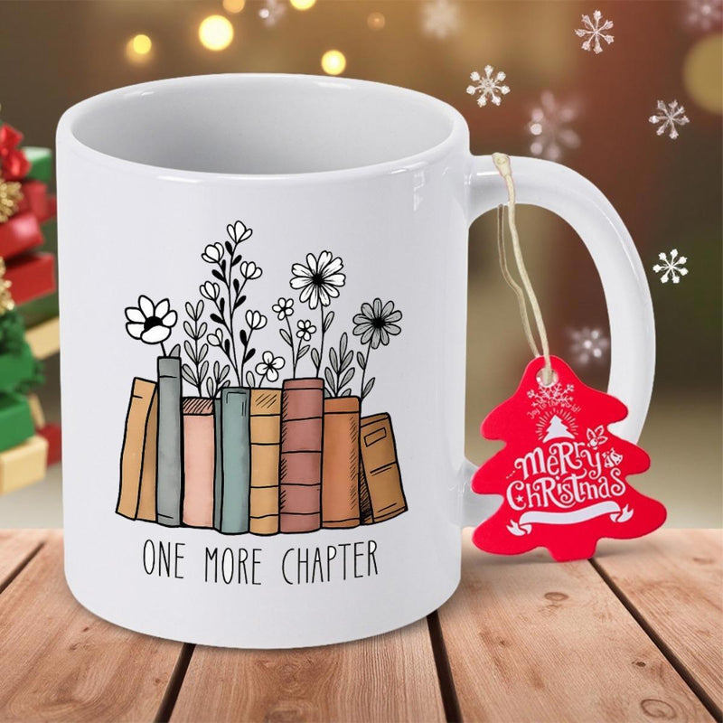 Tailorly White Ceramic 11 oz Mug - One More Chapter Minimalist Wildflowers Blooming From A Row Of Colorful Vintage Books