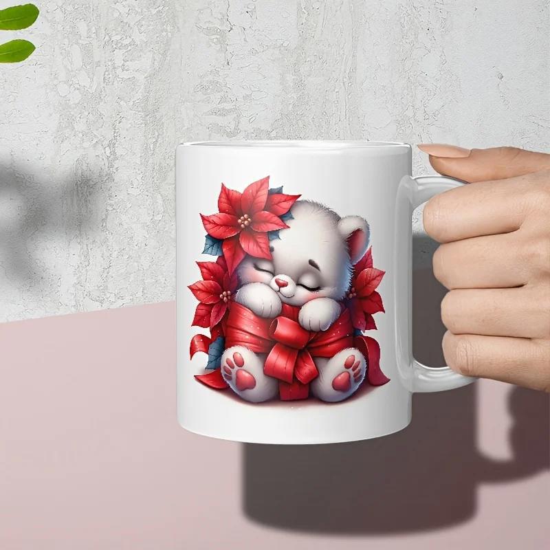 Tailorly White Ceramic 11 oz Mug - Adorable Sleeping White Cub Cuddled Within Red Poinsettia Flowers Festive Ribbons Bear