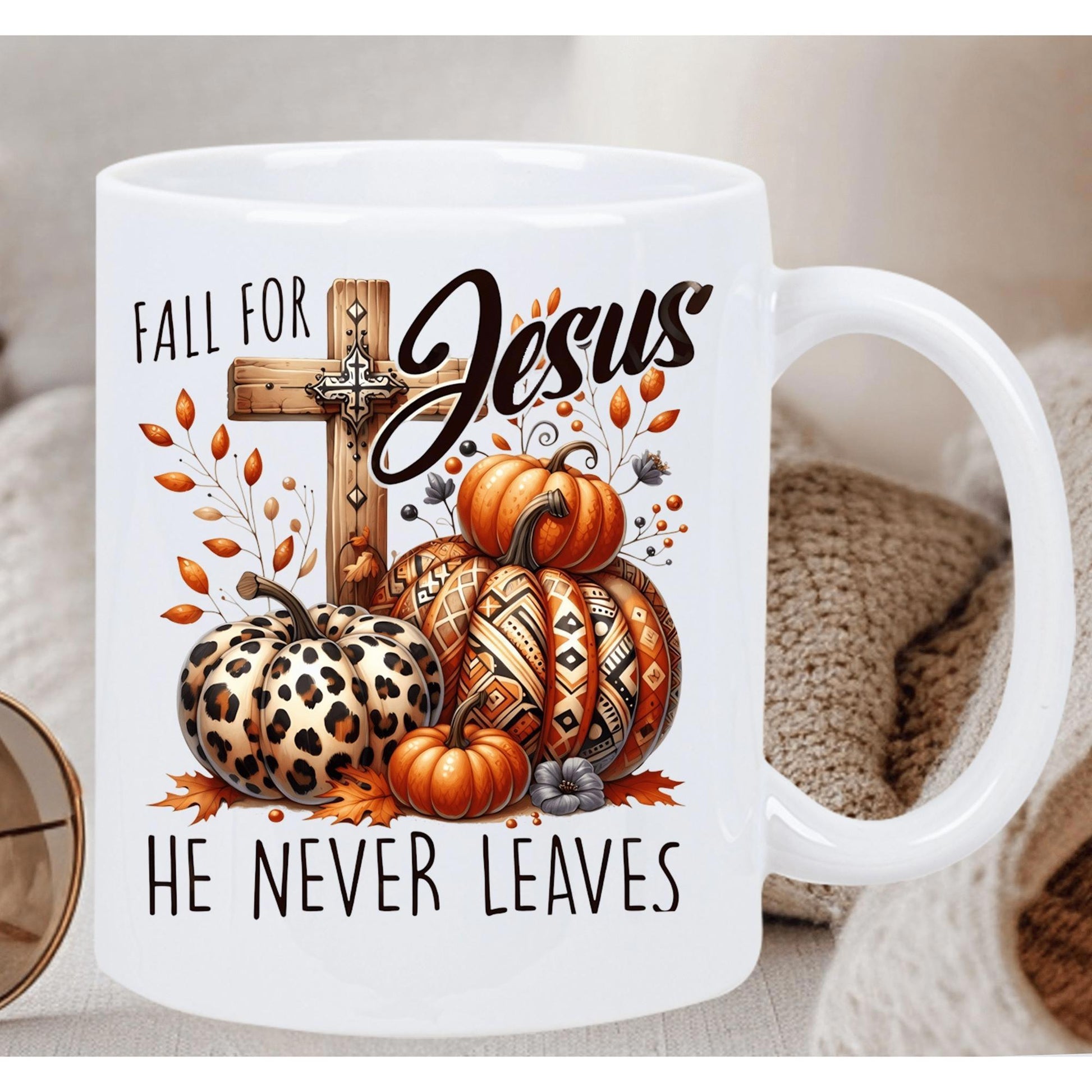Tailorly White Ceramic 11 oz Mug - Fall For Jesus He Never Leaves Rustic Wooden Cross Surrounded By Decorative Patterned Pumpkins And Autumn Leaves Pumpkin