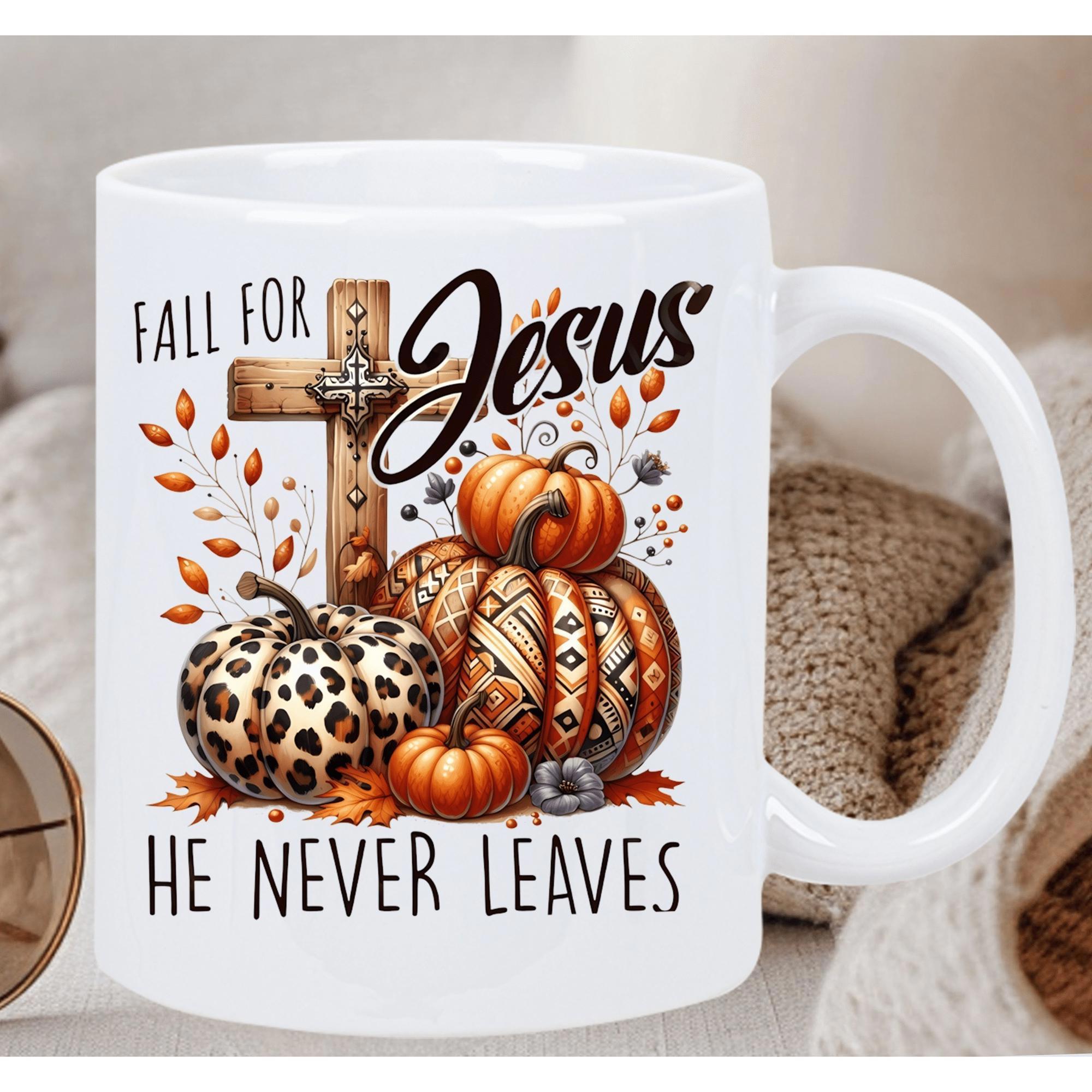 Tailorly White Ceramic 11 oz Mug - Fall For Jesus He Never Leaves Rustic Wooden Cross Surrounded By Decorative Patterned Pumpkins And Autumn Leaves Pumpkin