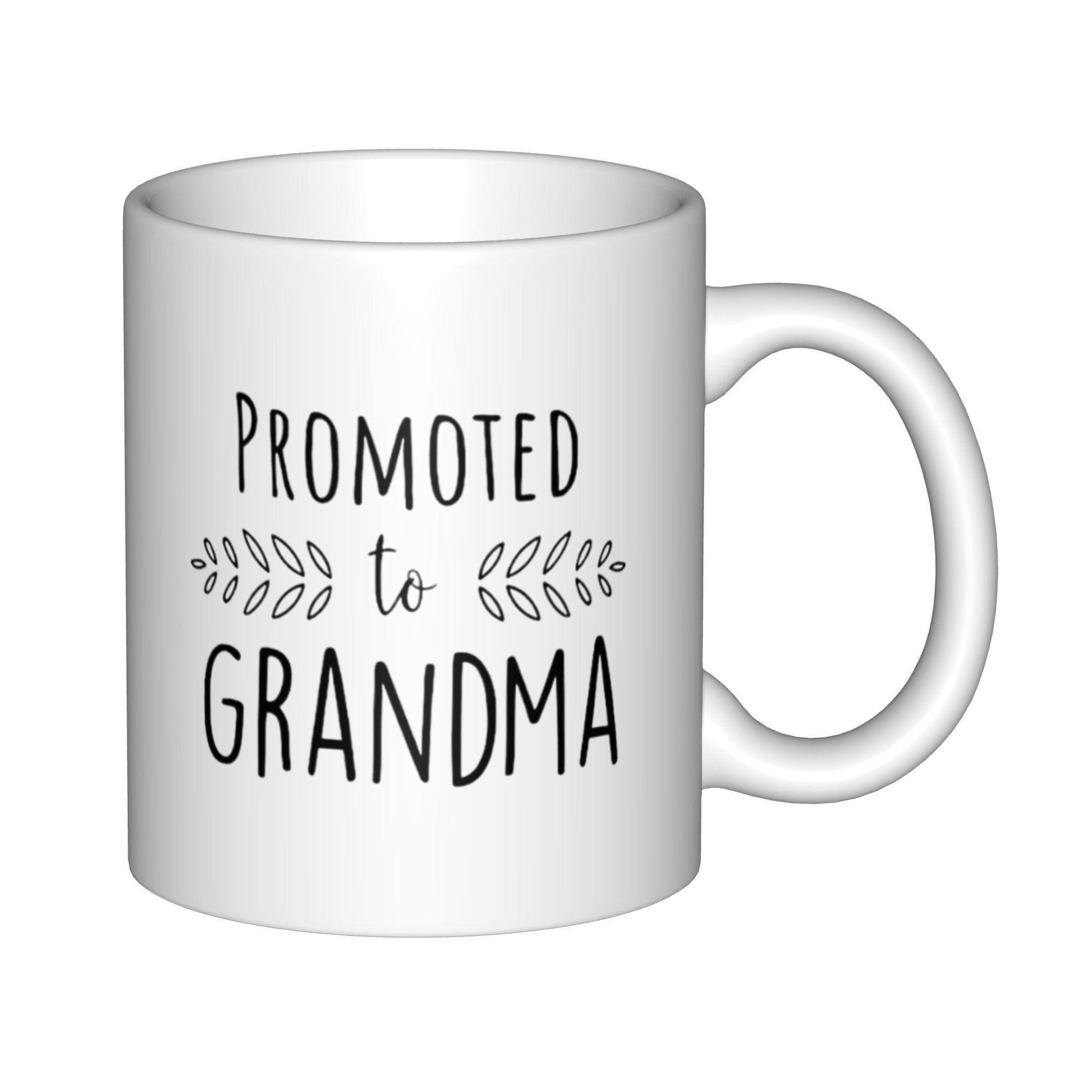 Tailorly White Ceramic 11 oz Mug - Promoted To Grandma Minimalist Black Leaf Branches Flanking Elegant Handwritten Text Mug