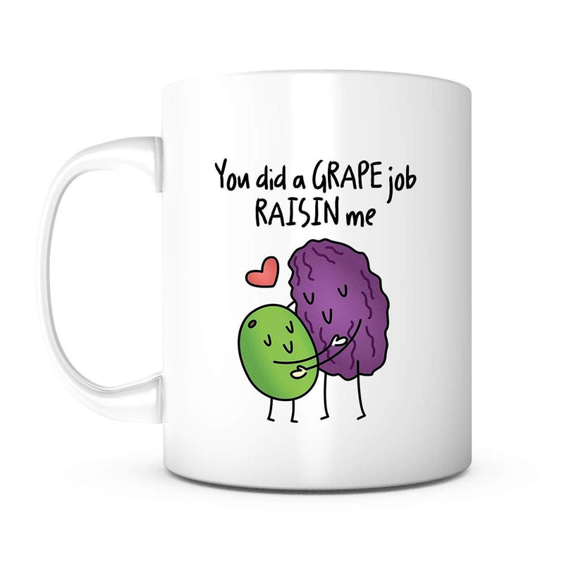 Tailorly White Ceramic 11 oz Mug - You Did A Grape Job Raisin Me Adorable Green Grape Hugging A Purple Dried Raisin Cartoon
