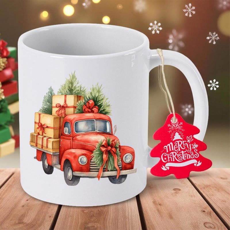Tailorly White Ceramic 11 oz Mug - Merry Christmas Vintage Red Pickup Loaded With Evergreen Trees And Gift Boxes Truck