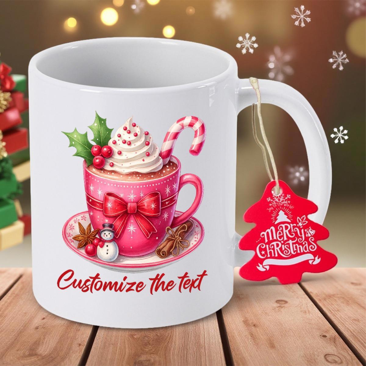 Tailorly White Ceramic 11 oz Mug - Customize The Text Merry Christmas Festive Cocoa Cup With Whipped Cream Holly And Candy Cane Mug
