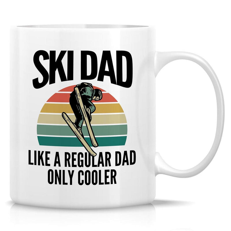 Tailorly White Ceramic 11 oz Mug - Ski Dad Like A Regular Dad Only Cooler Silhouette Performing A Jump Against A Colorful Retro Striped Circle Skier