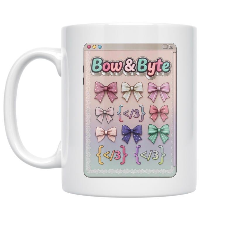 Tailorly White Ceramic 11 oz Mug - Bow Byte Retro Computer Window Featuring Colorful Ribbons And Code Symbols Bows