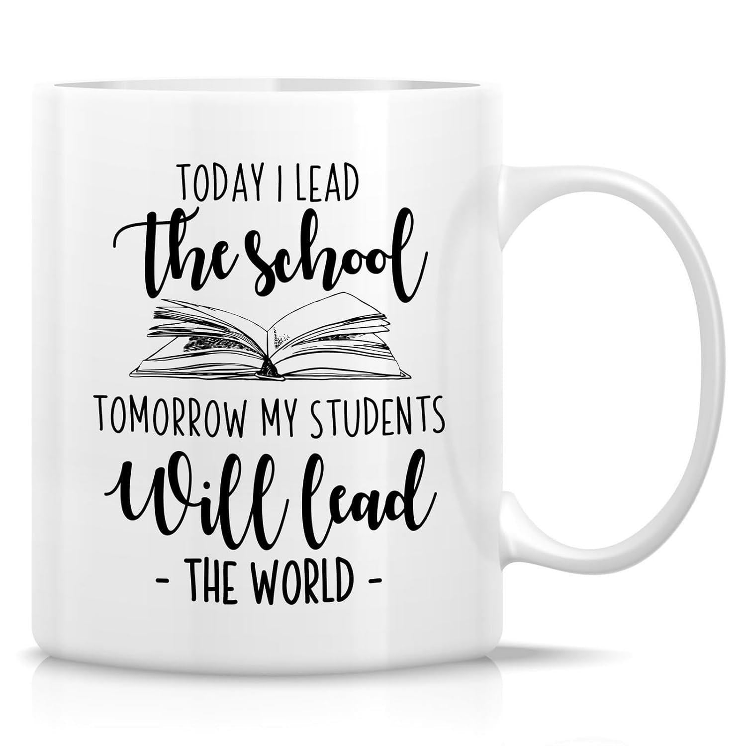 Tailorly White Ceramic 11 oz Mug - Today I Lead The School Tomorrow My Students Will Lead The World Minimalist Line Art Style Showing An Open Journal With Flipped