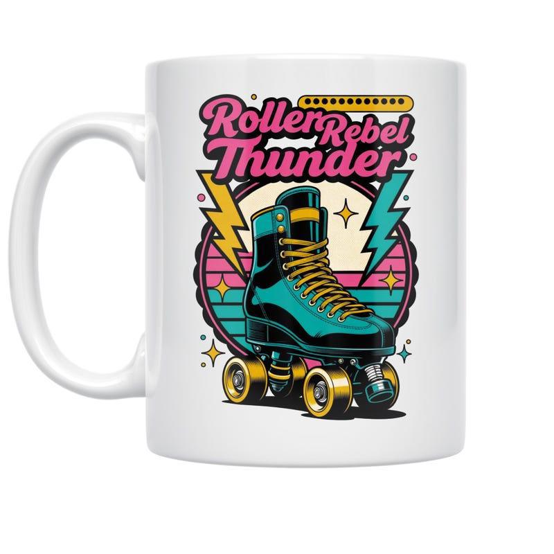 Tailorly White Ceramic 11 oz Mug - Roller Rebel Thunder Vintage Retro Style With Vibrant Colors And Energetic Lightning Bolts Roller Skate