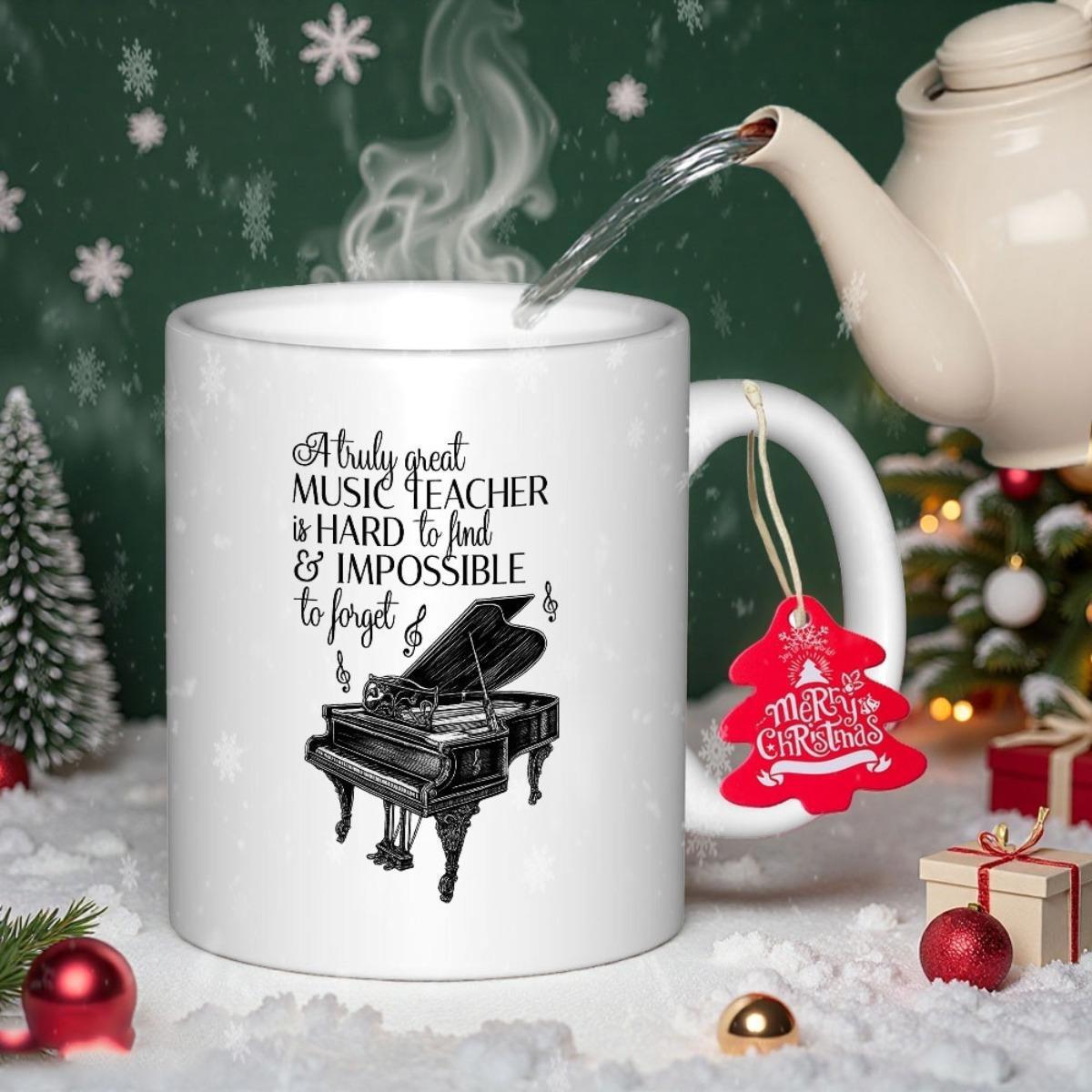 Tailorly White Ceramic 11 oz Mug - A Truly Great Music Teacher Is Hard To Find Impossible To Forget Elegant Musical Notes Floating Around A Classic Grand Piano