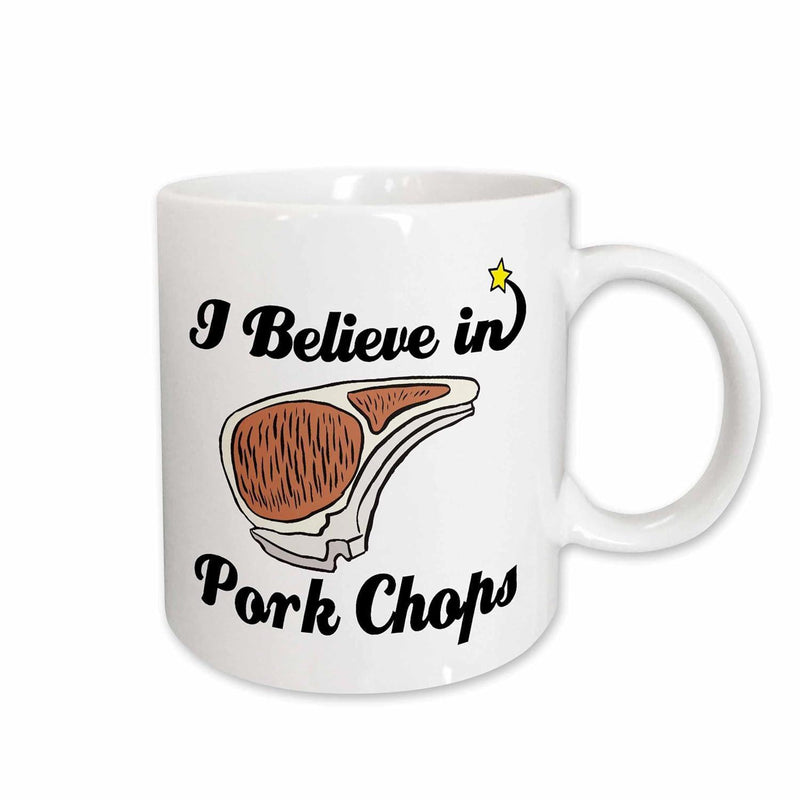 Tailorly White Ceramic 11 oz Mug - I Believe In Pork Chops Hand Drawn Style Meat Cut Featuring A Tiny Shining Yellow Star Pork Chop