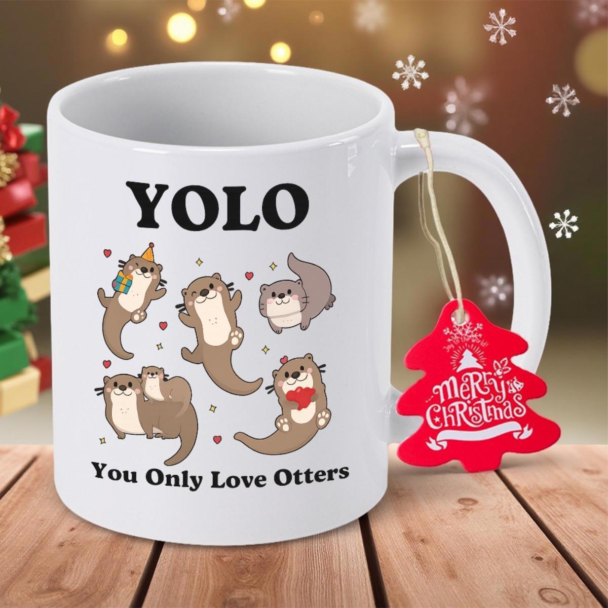 Tailorly White Ceramic 11 oz Mug - Yolo You Only Love Otters Playful Cartoon Animals Dancing With Tiny Hearts Festive Otter