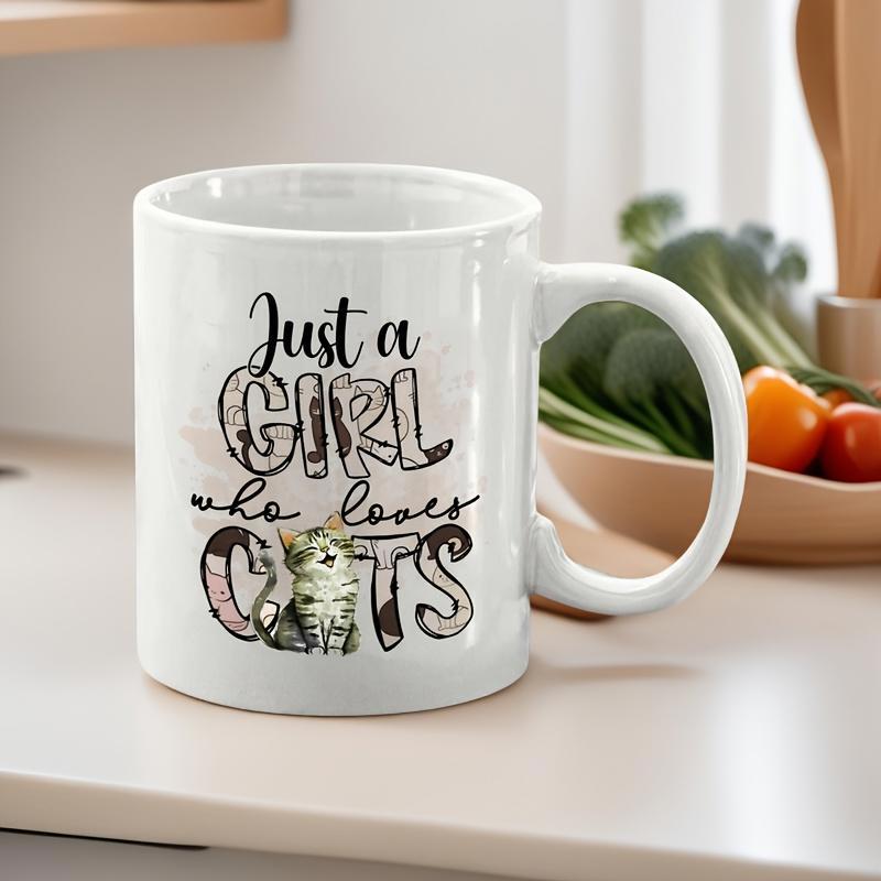 Tailorly White Ceramic 11 oz Mug - Just A Girl Who Loves Cats Adorable Small Fluffy Kitten Sitting Quietly With Patterned Decorative Typographic Elements Cat