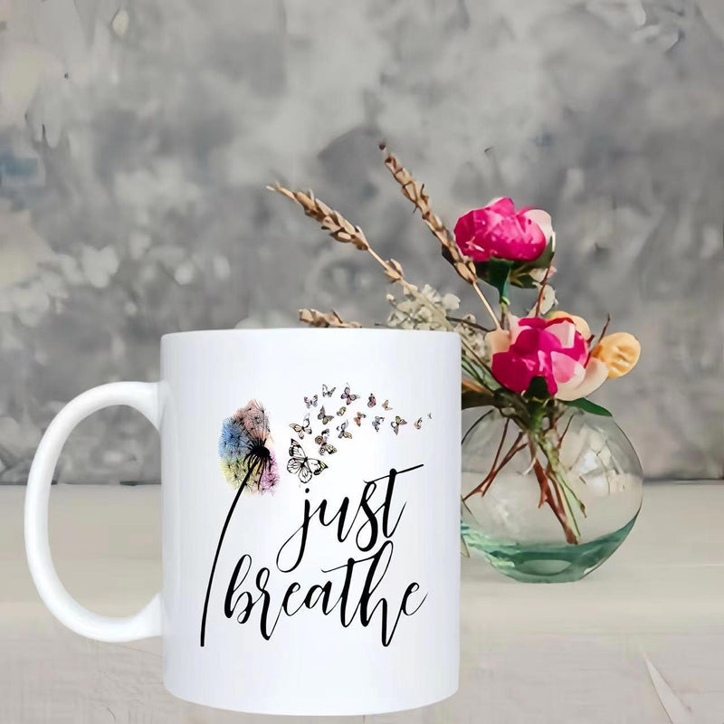 Tailorly White Ceramic 11 oz Mug - Just Breathe Delicate Butterflies Drifting From A Wispy Floating Wild Meadow Flora Dandelion