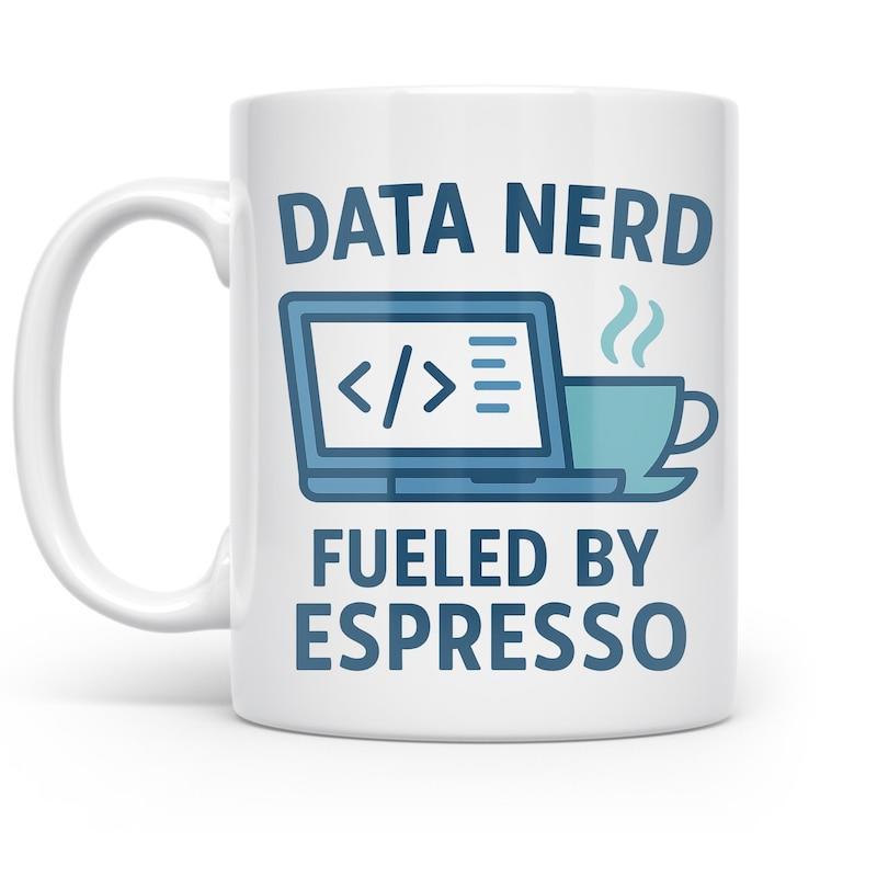 Tailorly White Ceramic 11 oz Mug - Data Nerd Fueled By Espresso Modern Laptop With Coding Symbols Next To Steaming Hot Coffee Mug