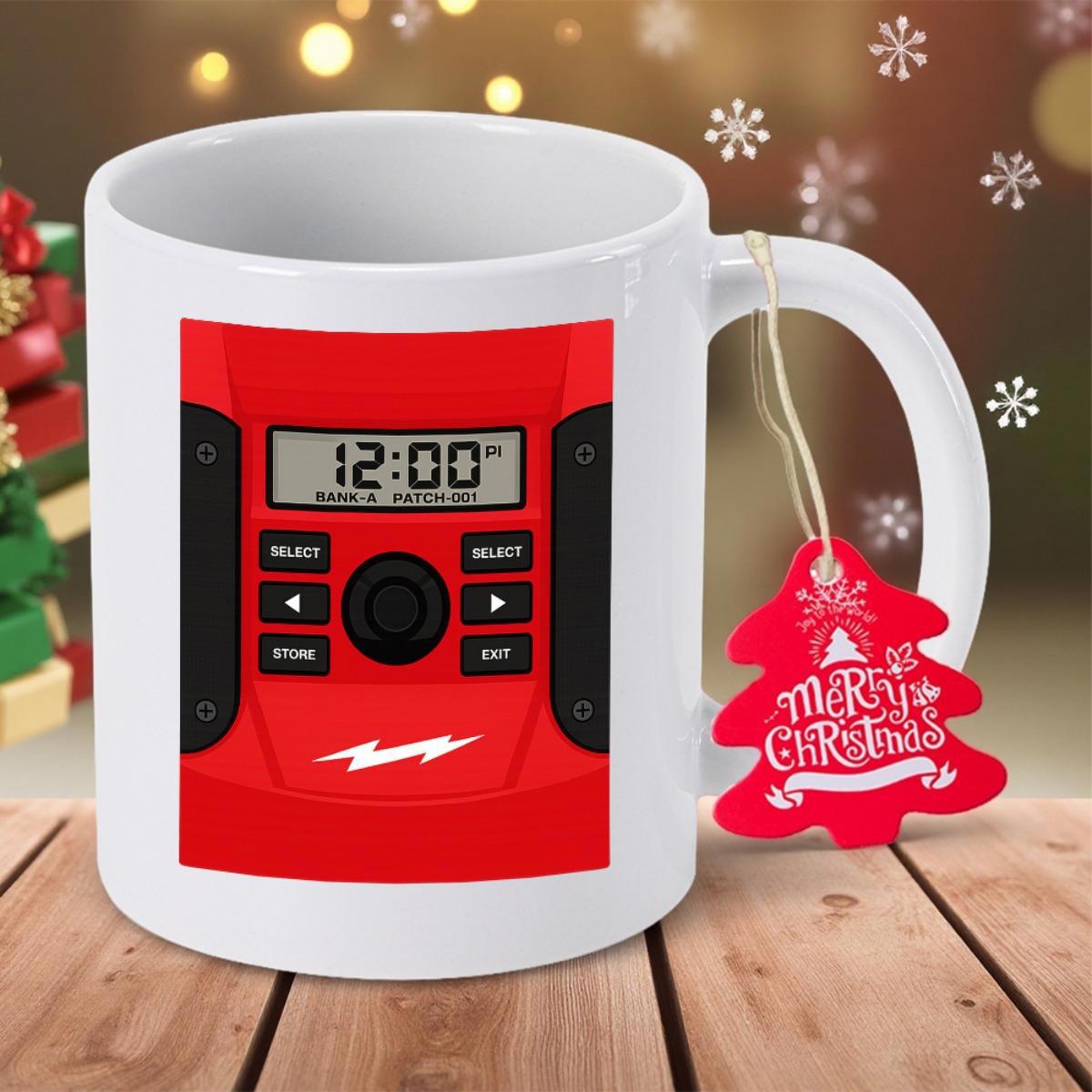 Tailorly White Ceramic 11 oz Mug - Merry Christmas Vibrant Red Retro Digital Interface With Intricate Control Buttons Device