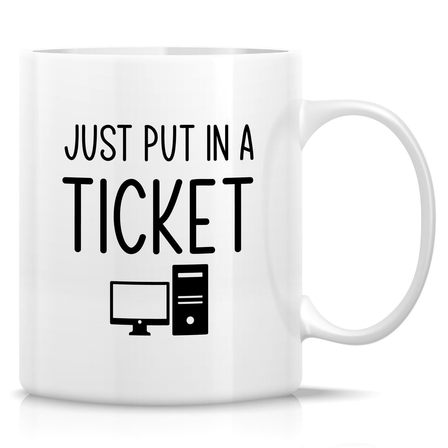 Tailorly White Ceramic 11 oz Mug - Just Put In A Ticket Minimalist Black Line Icons Depicting A Desktop Screen Tower Computer