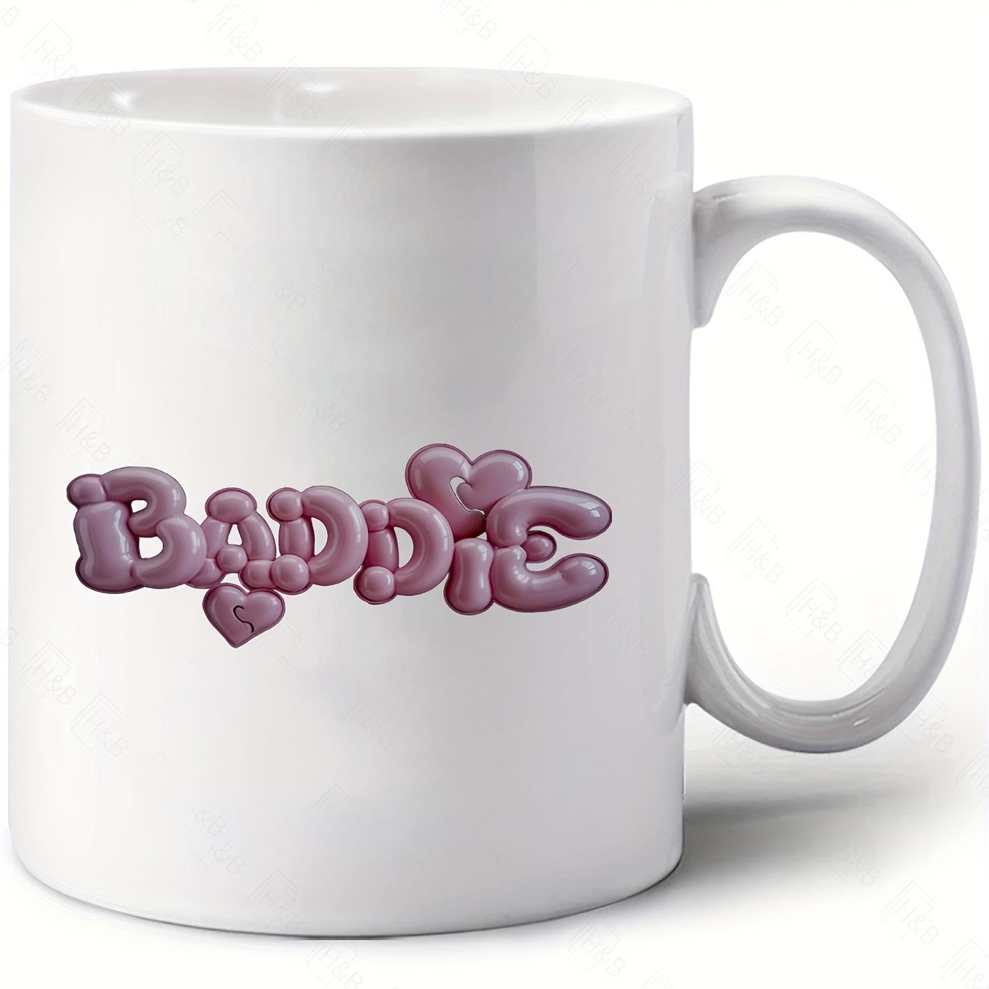 Tailorly White Ceramic 11 oz Mug - Baddie Glossy Pink Bubble Letters Decorated With Small Cute Hearts Mug