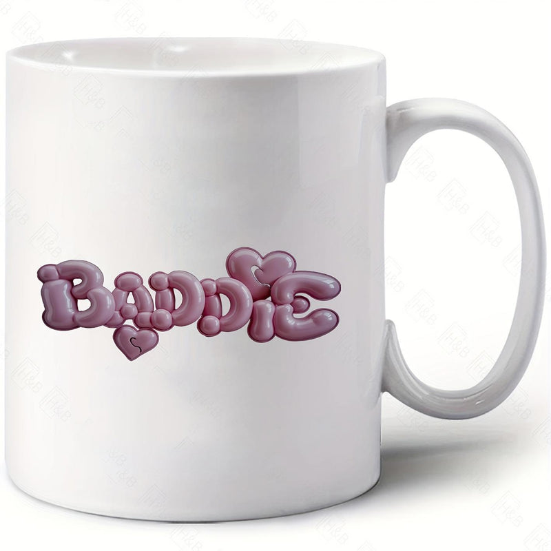 Tailorly White Ceramic 11 oz Mug - Baddie Glossy Pink Bubble Letters Decorated With Small Cute Hearts Mug