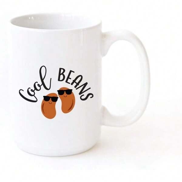 Tailorly White Ceramic 11 oz Mug - Cool Beans Two Tiny Brown Characters Wearing Stylish Sunglasses Resting Under Curved Text Bean