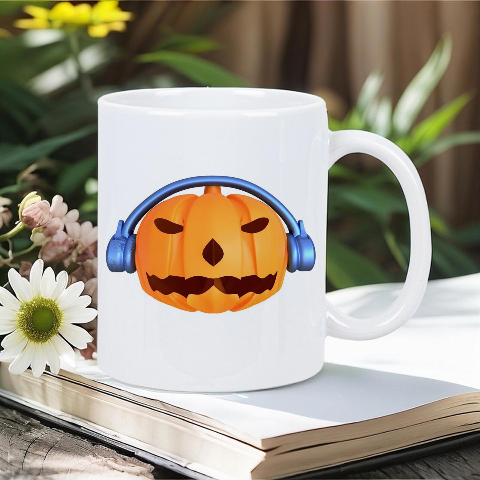 Tailorly White Ceramic 11 oz Mug - Carved Orange Halloween Jack O Lantern Wearing Sleek Blue Modern Style Pumpkin