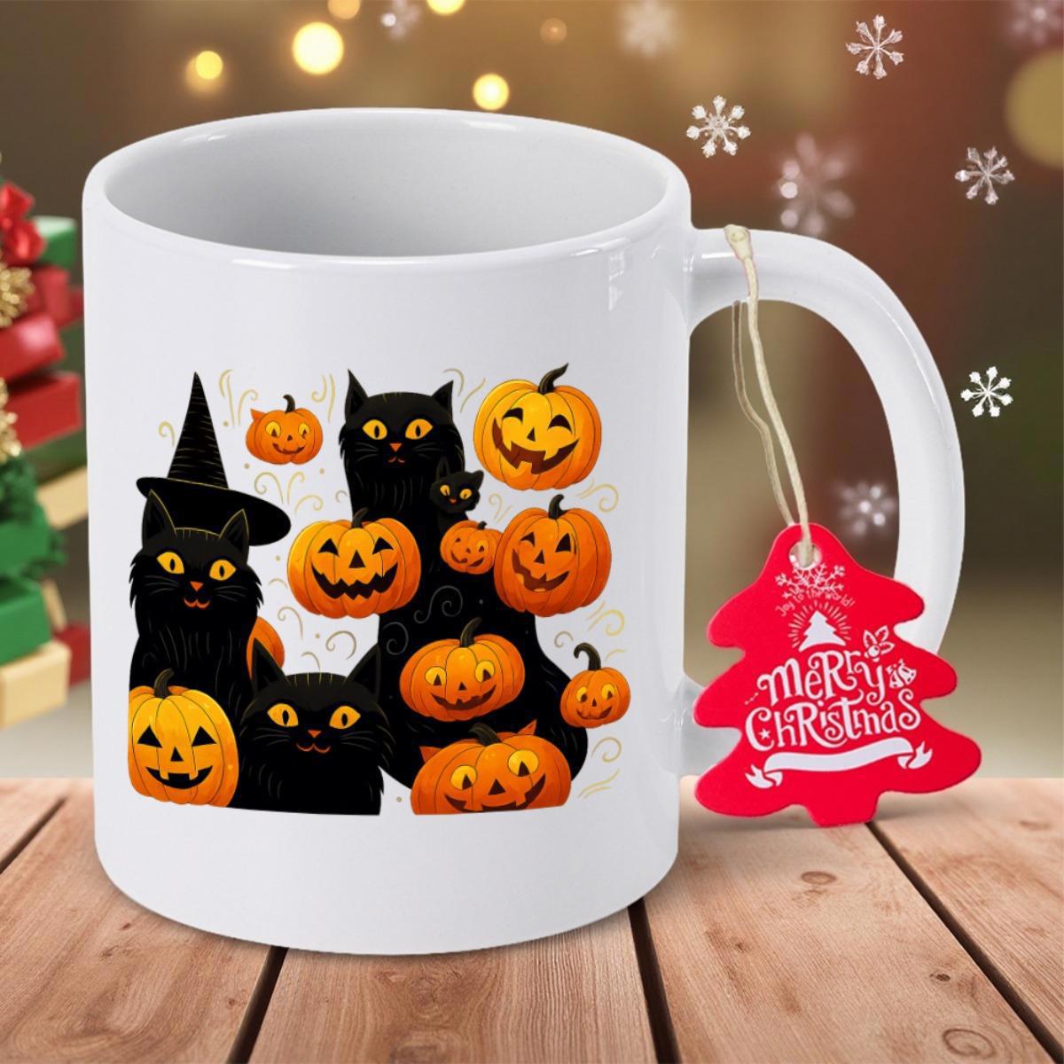 Tailorly White Ceramic 11 oz Mug - Merry Christmas Spooky Black Cats Hiding Among Glowing Orange Carved Halloween Pumpkins Cat