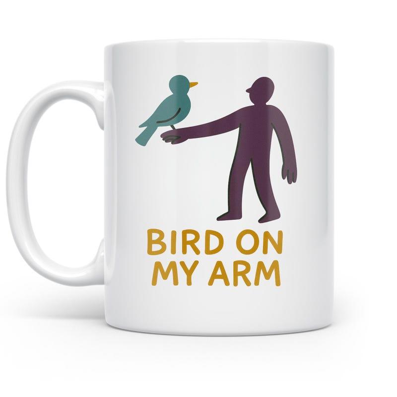 Tailorly White Ceramic 11 oz Mug - Bird On My Arm Minimalist Purple Human Silhouette With Teal Bird Perching On Outstretched Arm Bird