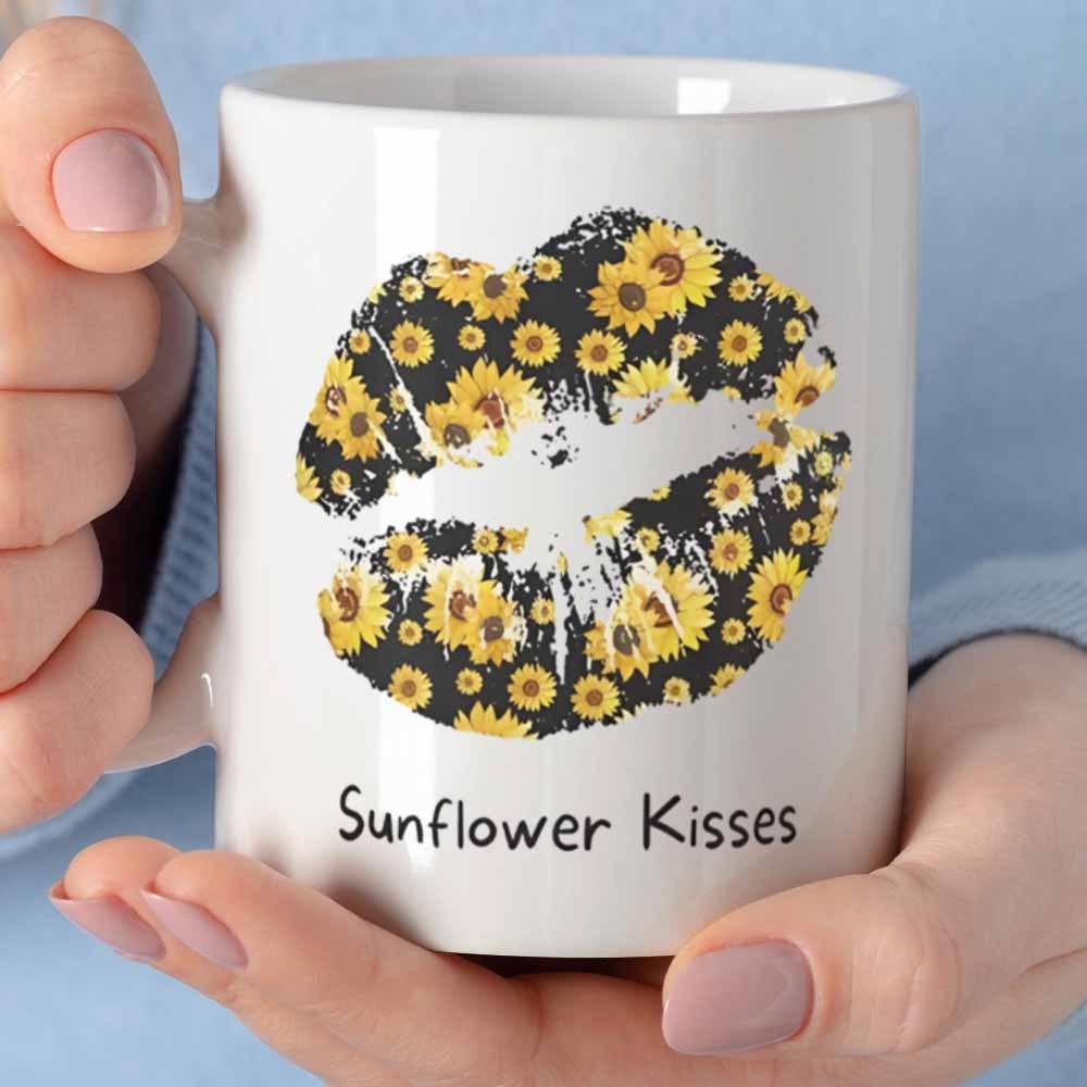 Tailorly White Ceramic 11 oz Mug - Sunflower Kisses Yellow Blooming Flowers Arranged Inside A Textured Artistic Silhouette Lips