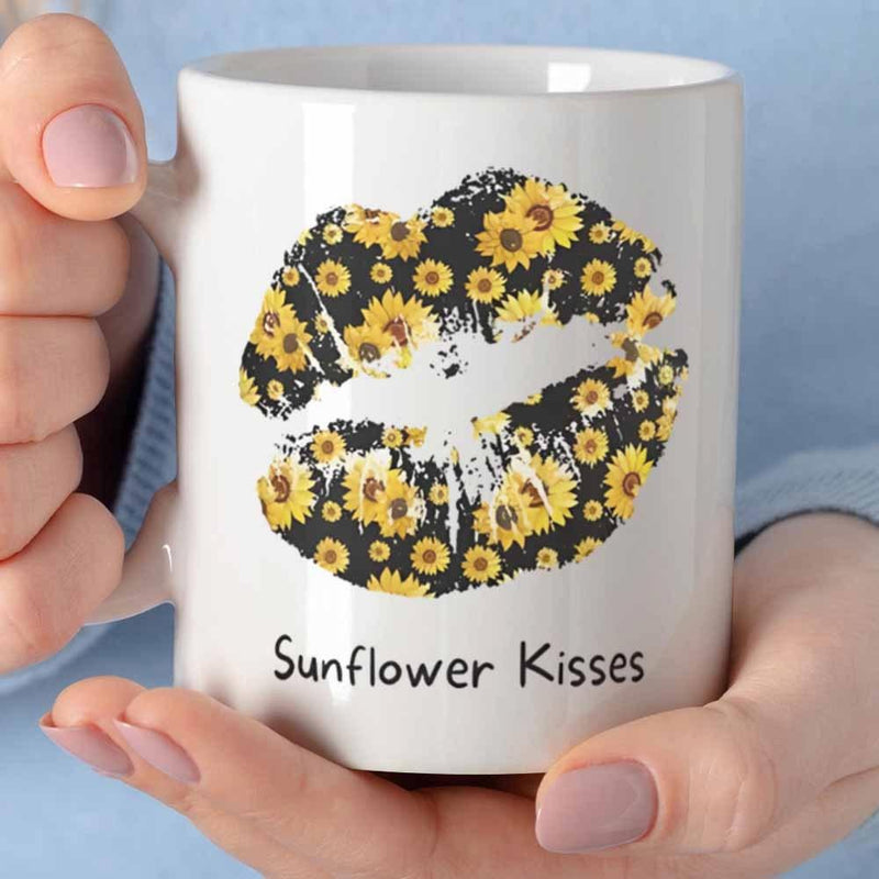 Tailorly White Ceramic 11 oz Mug - Sunflower Kisses Yellow Blooming Flowers Arranged Inside A Textured Artistic Silhouette Lips