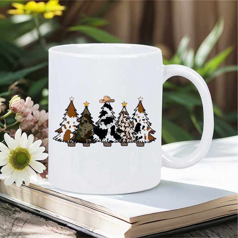 Tailorly White Ceramic 11 oz Mug - Western Festive Trees Featuring Cowhide And Leopard Patterns Standing Together Tree