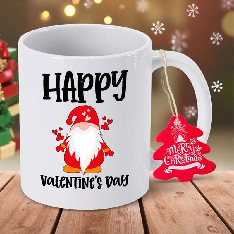 Tailorly White Ceramic 11 oz Mug - Happy Valentine's Day Adorable Red Hat With Tiny Hearts And A Long White Beard Gnome