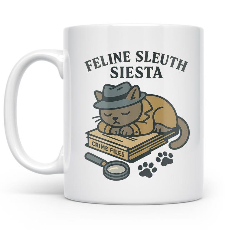 Tailorly White Ceramic 11 oz Mug - Feline Sleuth Siesta Crime Files Sleeping Detective Kitty Resting On Mystery Investigation Books Magnifying Glass Cat