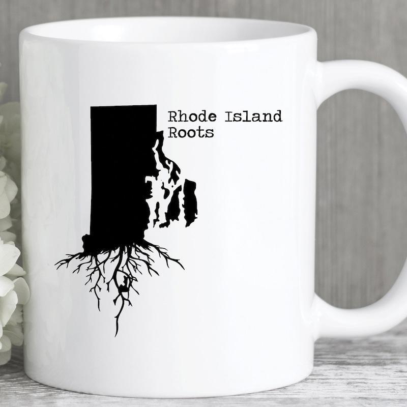 Tailorly White Ceramic 11 oz Mug - Rhode Island Roots Silhouette State Shape With Detailed Tree Roots Growing Downward Map