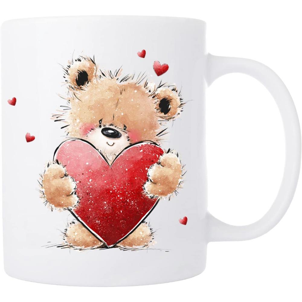 Tailorly White Ceramic 11 oz Mug - Fluffy Watercolor Teddy Bear Holding A Large Sparkling Red Heart Bear