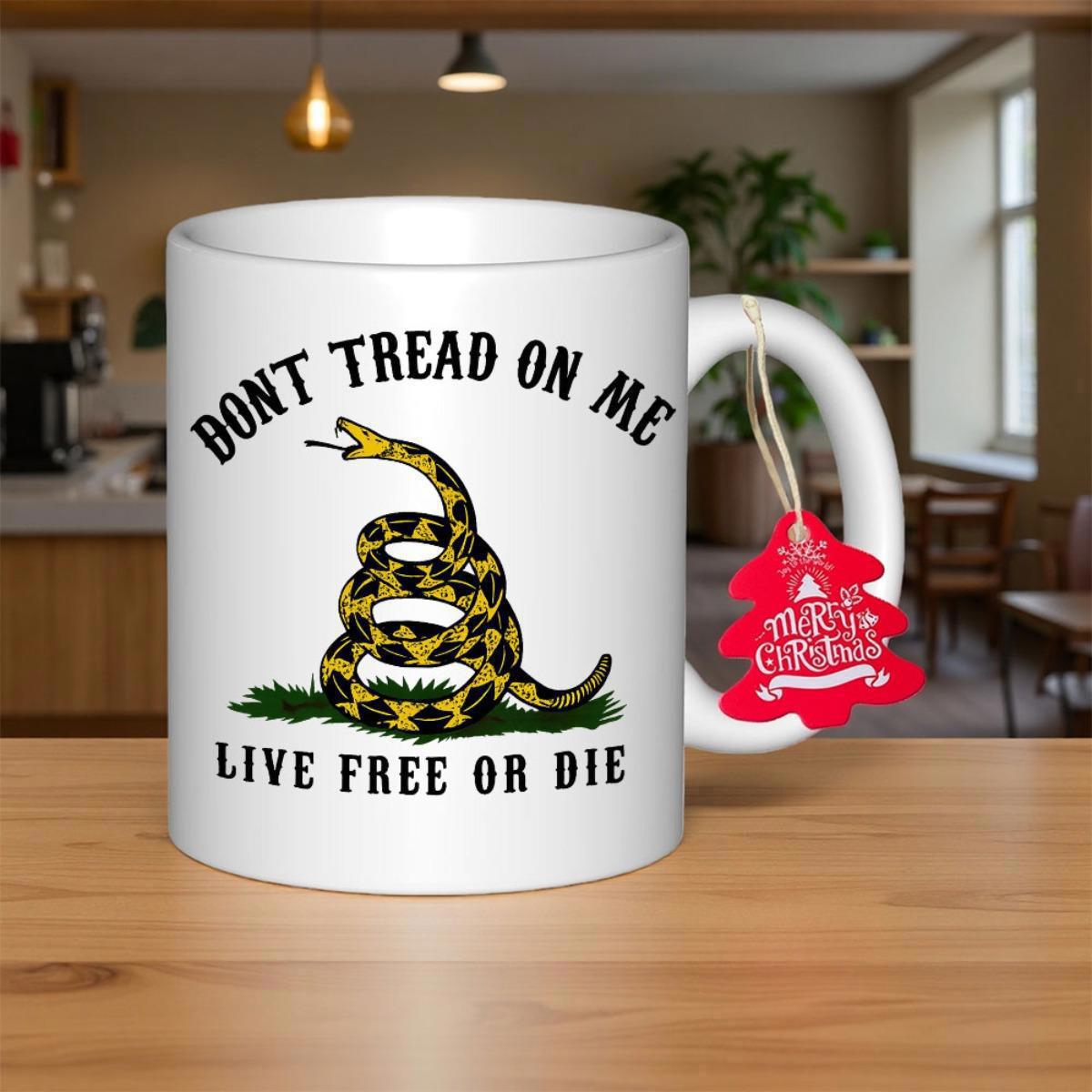 Tailorly White Ceramic 11 oz Mug - Dont Tread On Me Live Free Or Die Coiled Yellow And Black Rattlesnake Poised To Strike On Green Grass Snake