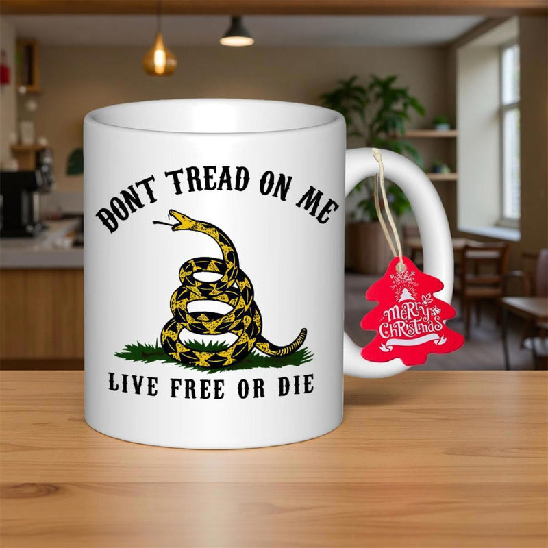 Tailorly White Ceramic 11 oz Mug - Dont Tread On Me Live Free Or Die Coiled Yellow And Black Rattlesnake Poised To Strike On Green Grass Snake