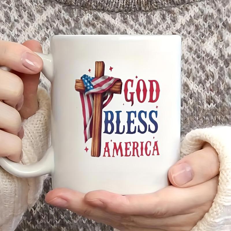 Tailorly White Ceramic 11 oz Mug - God Bless America Patriotic Wooden Symbol Draped With Stars And Stripes Flag Cross
