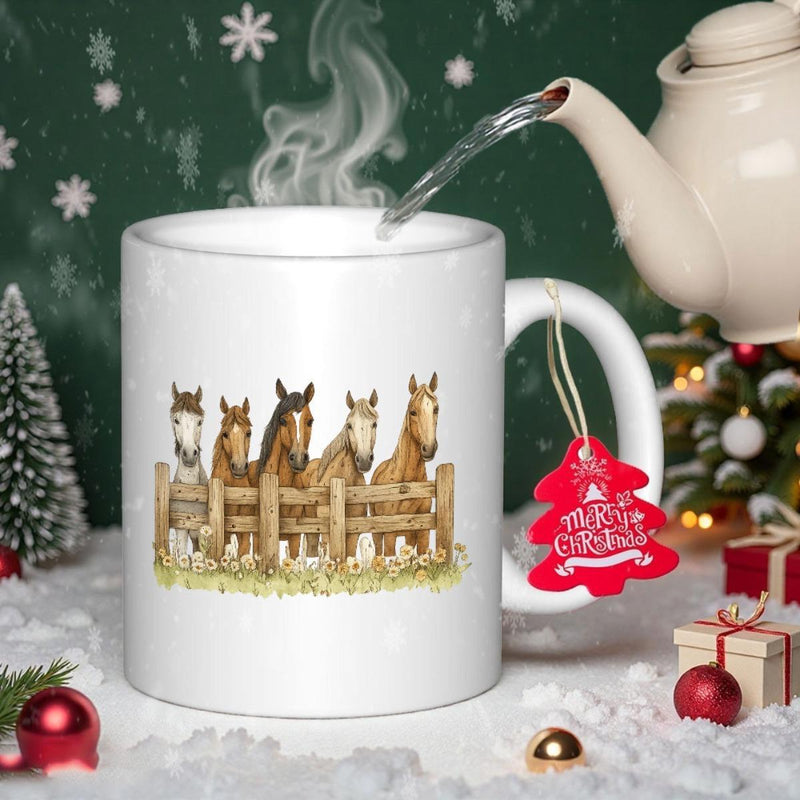 Tailorly White Ceramic 11 oz Mug - Five Majestic Wild Horses Standing Behind A Rustic Wooden Fence Under Clear Skies Horse