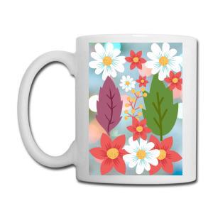 Tailorly White Ceramic 11 oz Mug - Colorful Artistic Wildflowers And Vibrant Green Leaves Among Soft Background Flower