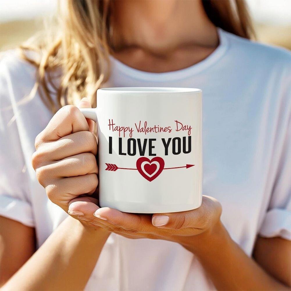 Tailorly White Ceramic 11 oz Mug - Happy Valentines Day I Love You Sentimental Red Heart With Cupid Arrow And Scripted Font Mug