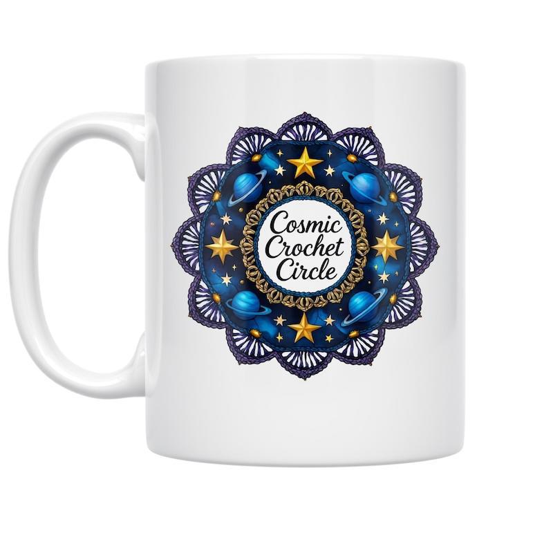 Tailorly White Ceramic 11 oz Mug - Cosmic Crochet Circle Intricate Blue Galaxy Pattern With Celestial Planets And Shining Golden Stars Mandala