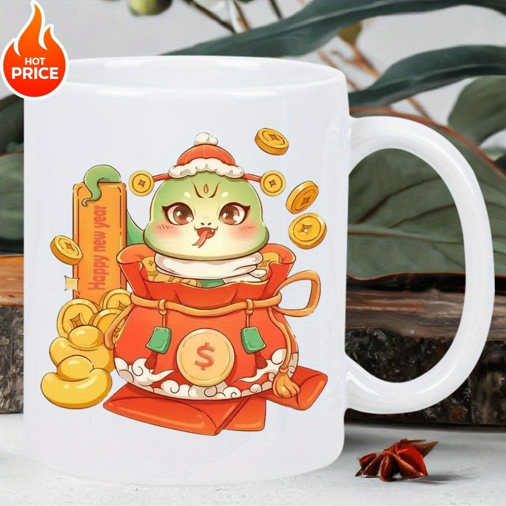 Tailorly White Ceramic 11 oz Mug - Adorable Green Mythical Creature Sitting In Red Fortune Bag With Gold Coins Dragon
