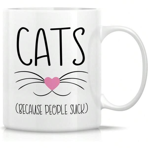 Tailorly White Ceramic 11 oz Mug - Cats Because People Suck Minimalist Black Whiskers With A Tiny Pink Heart In Center Cat