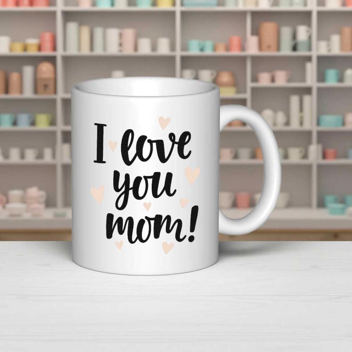 Tailorly White Ceramic 11 oz Mug - I Love You Mom Elegant Decorated With Delicate Tiny Pink Heart Accents Mug