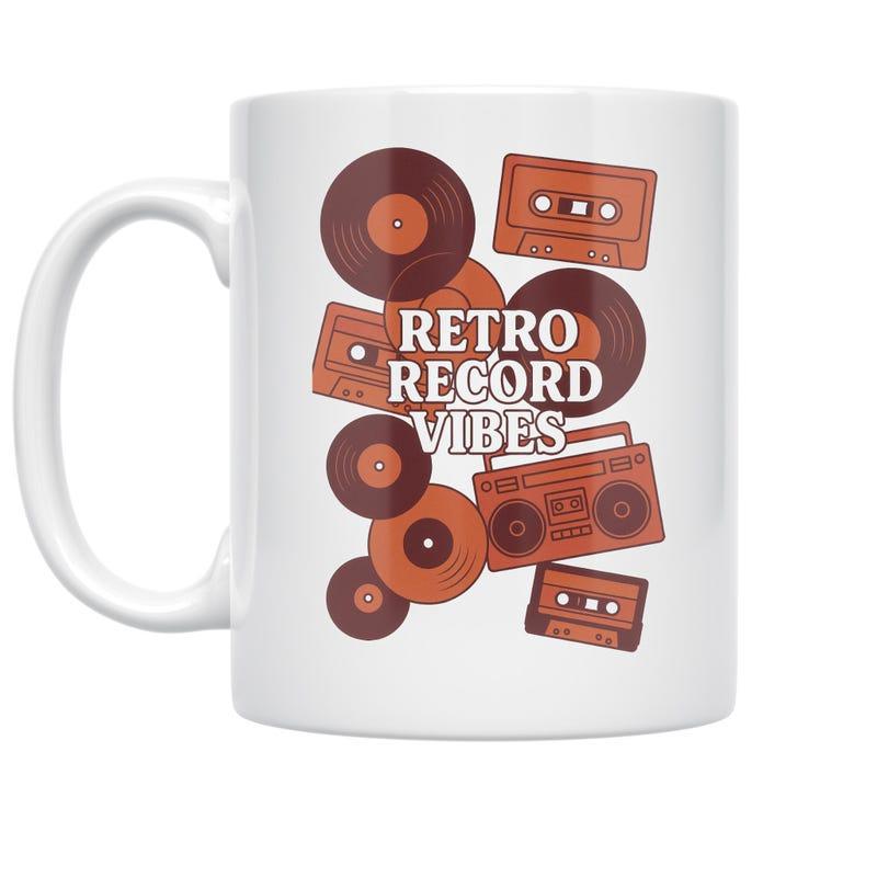 Tailorly White Ceramic 11 oz Mug - Retro Record Vibes Vintage Music Elements Featuring Floating Vinyl Records And Cassette Tapes Boombox