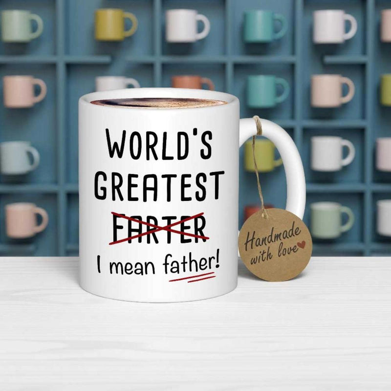 Tailorly White Ceramic 11 oz Mug - Worlds Greatest Farter I Mean Father Minimalist Featuring Hand Drawn Red Strikethrough Effect Mug